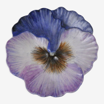 Assiette plate ou vide poche en céramique: en fleur une Pensée coloré signée Guillot France TBE