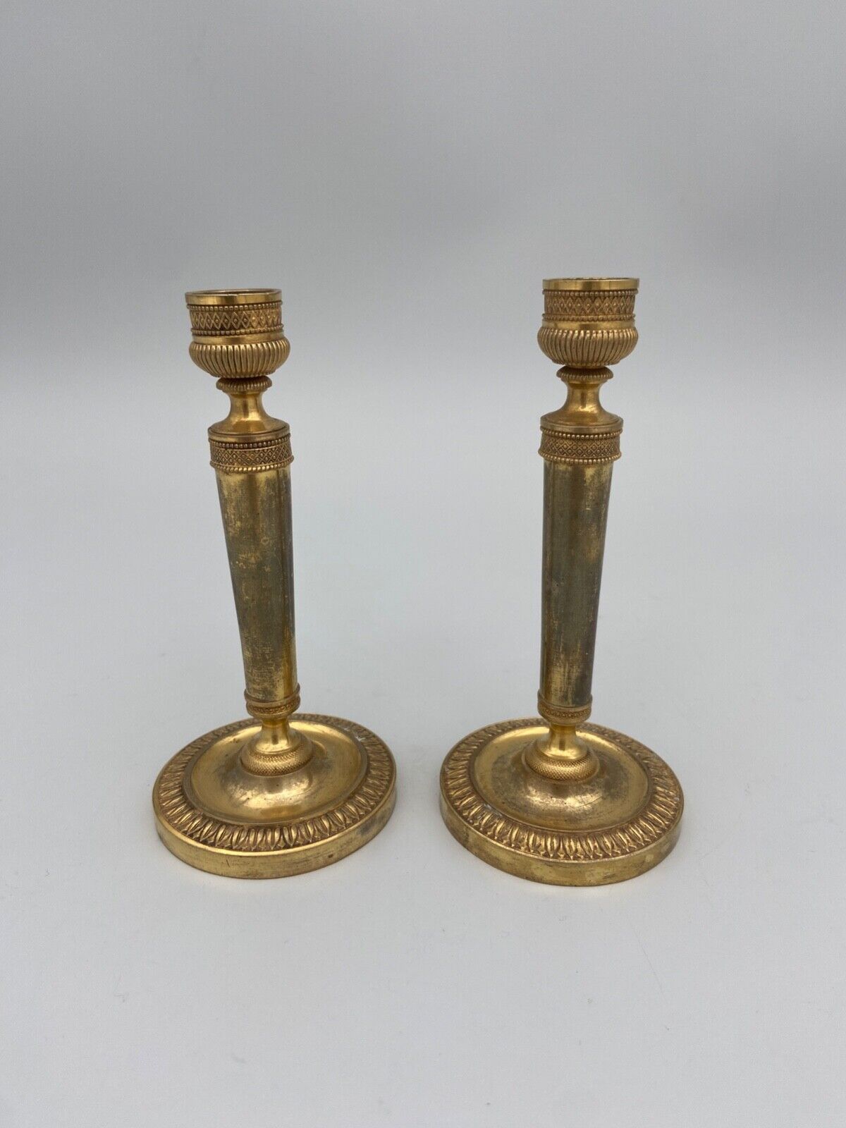 Pair of miniature candle holders in bronze dore restoration period nineteenth