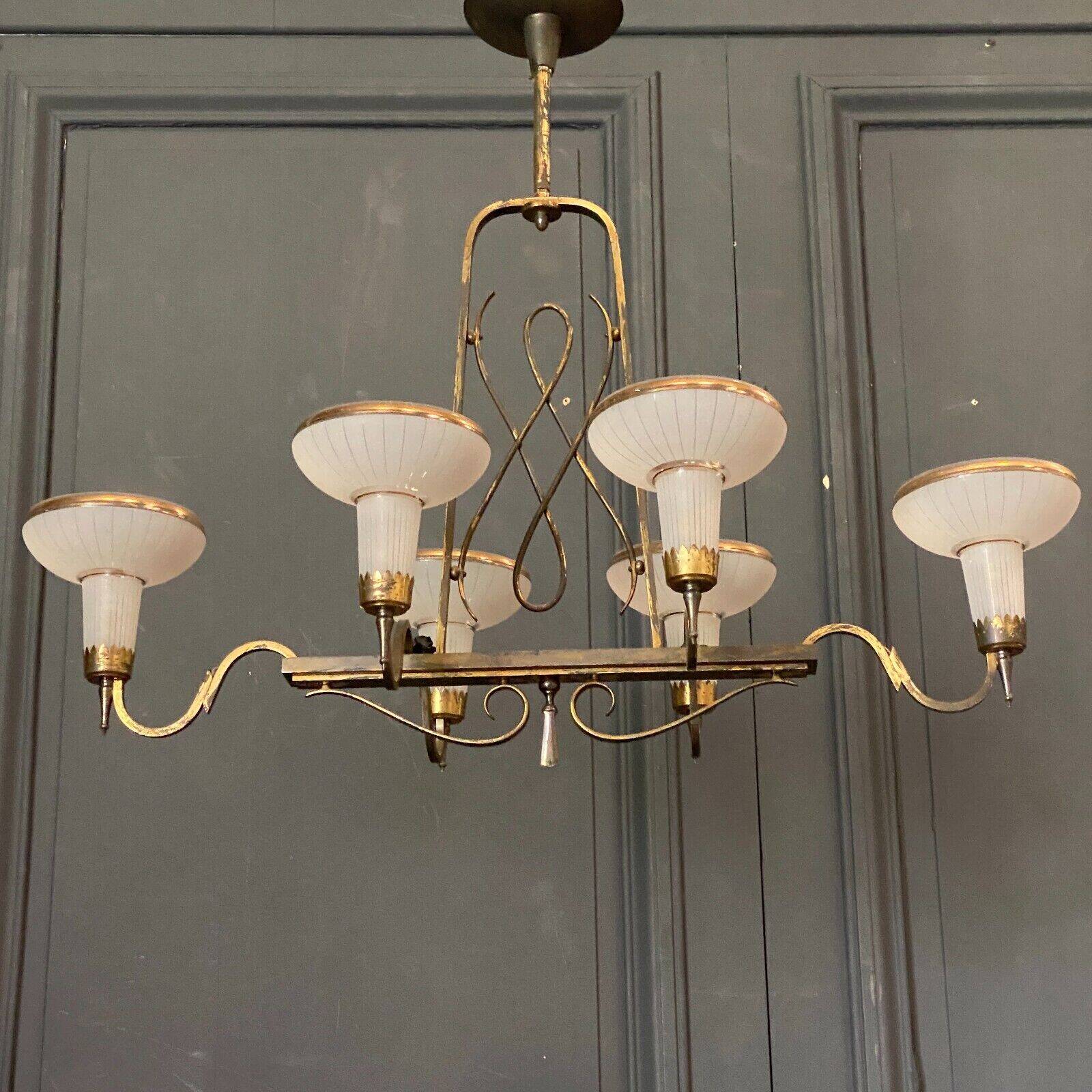 Chandelier in gilded metal 1950 6 lights cut in frosted glass