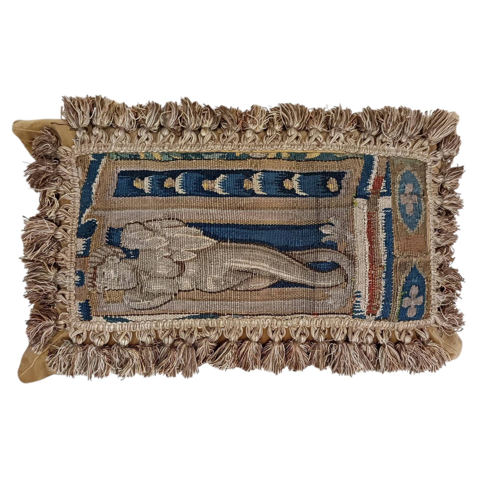 Rare 17th Century French Aubusson Tapestry Cushion with Figural Design & Tassels