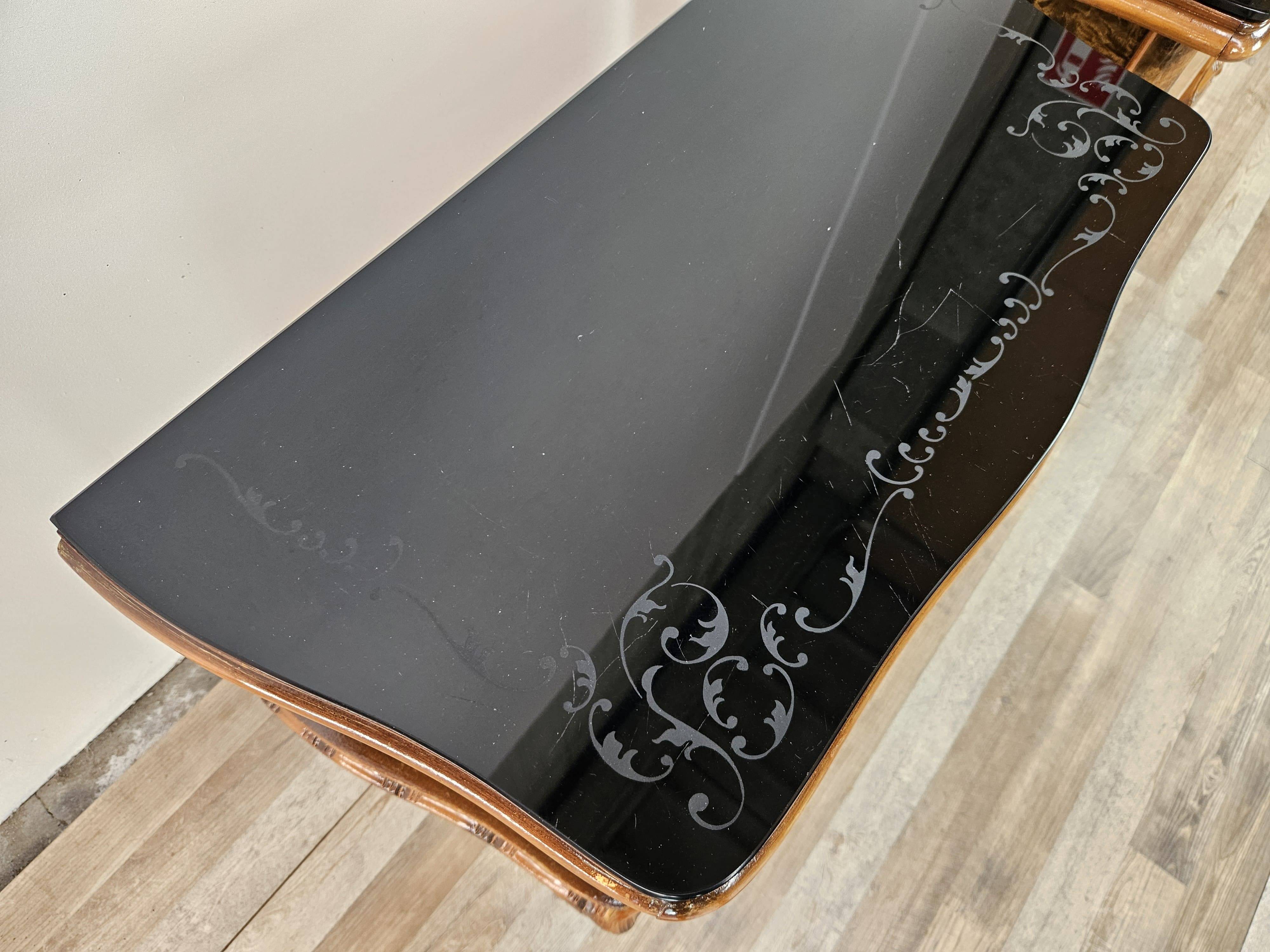 1950s Chippendale bedside tables with black glass
