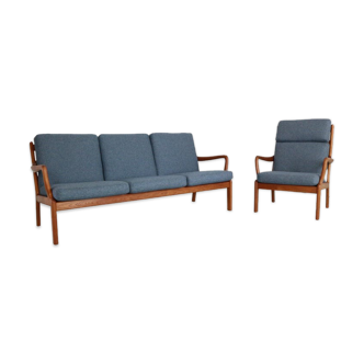 L. Olsen& Son newly reupholstered blue & teak living room set, 1960 Denmark