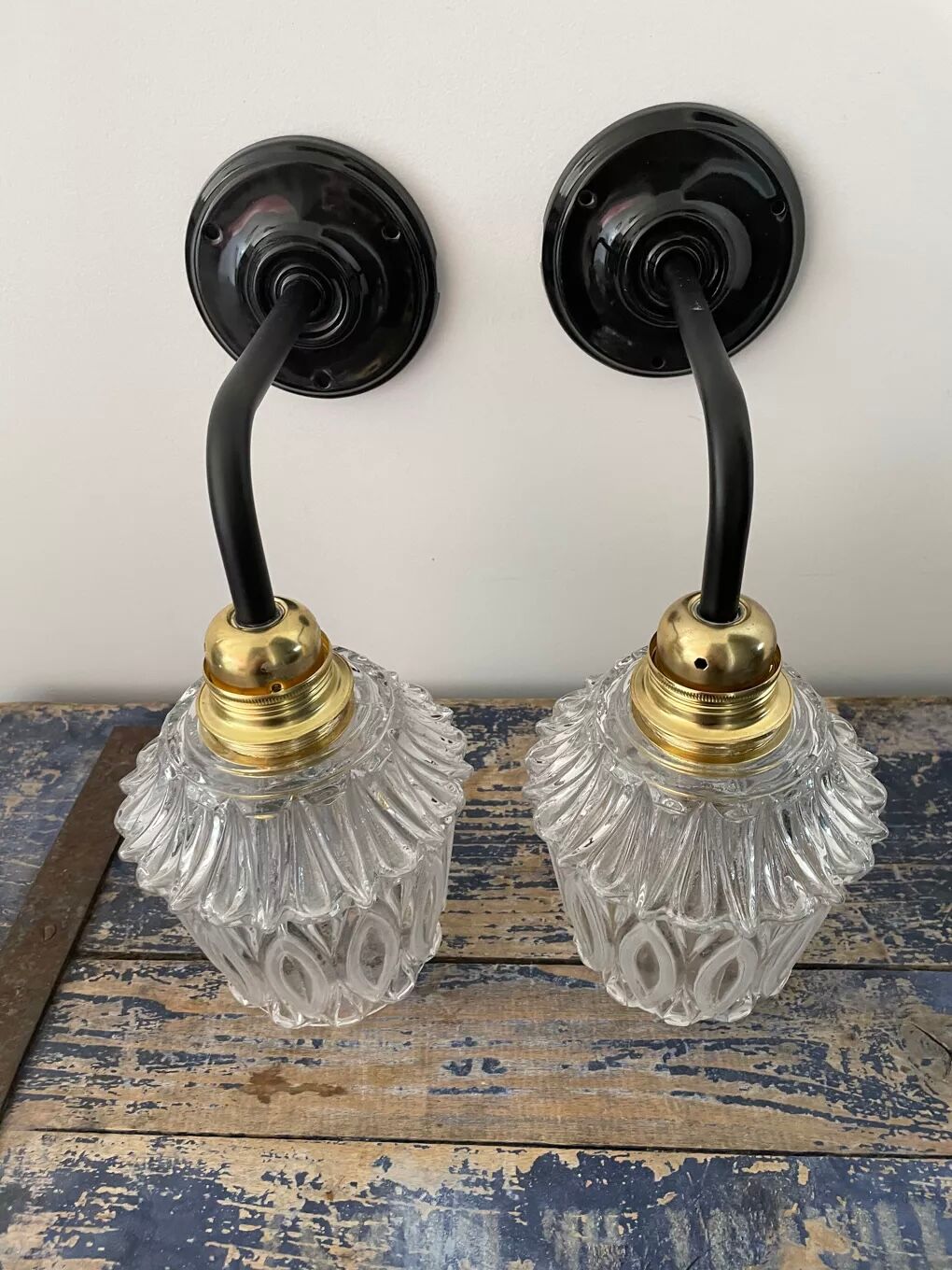 Pair of vintage electrified glass wall lamps