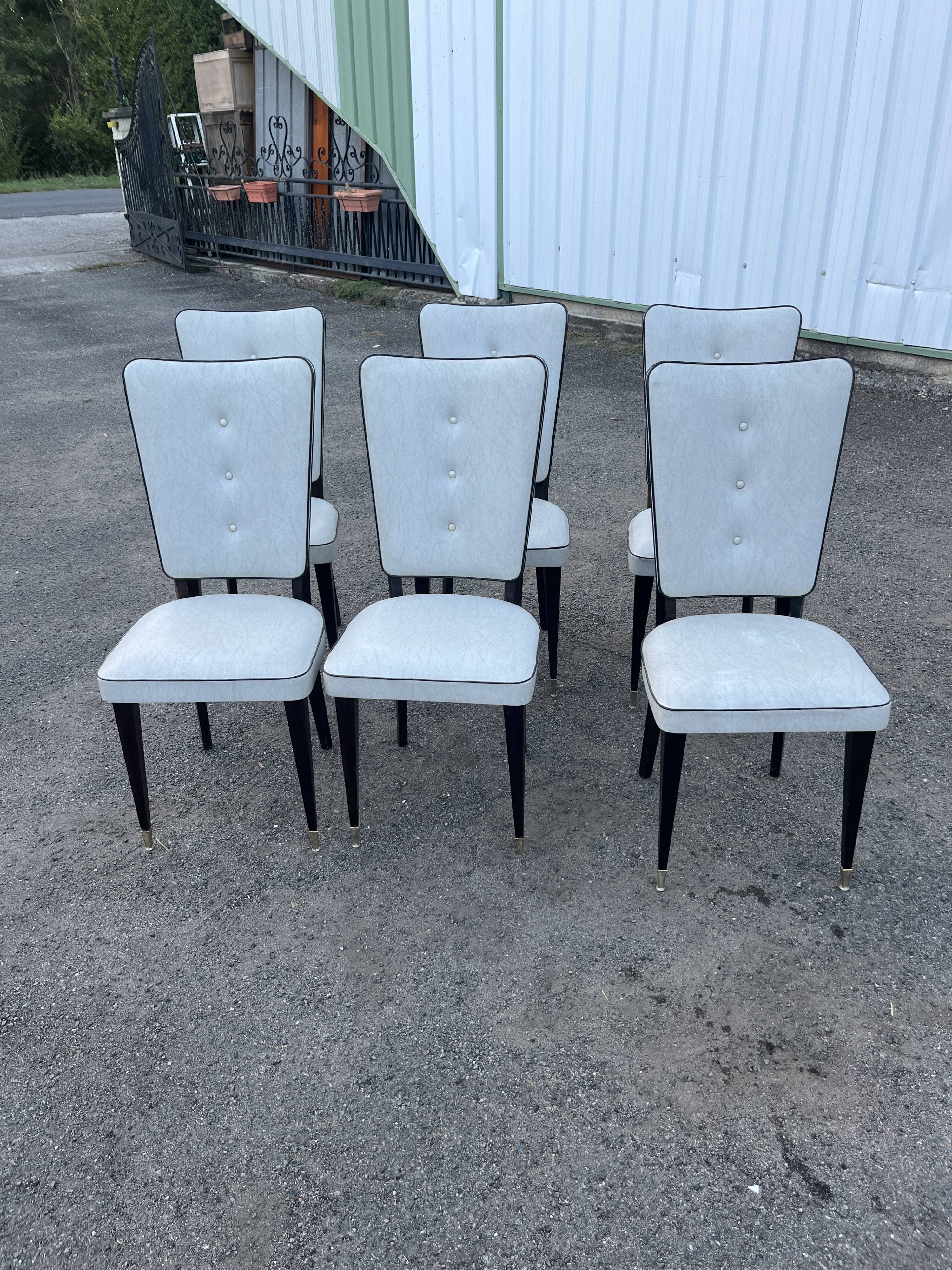 Set of 6 vintage chairs from the 50s-60s – Blue faux leather – Tapered legs