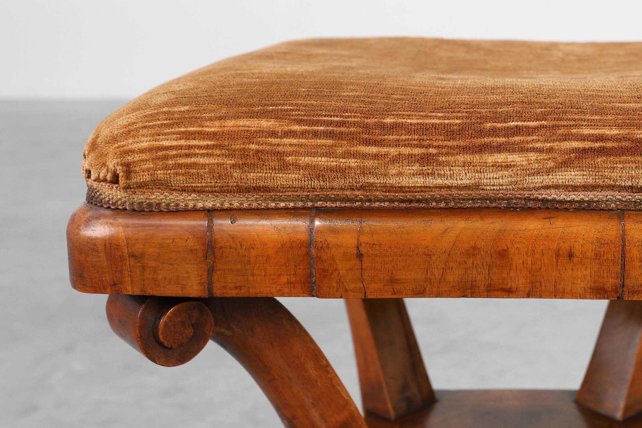 Art Deco Walnut Stool with Original Fabric, Italy 1920s