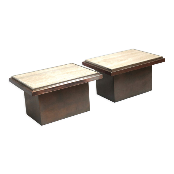 Ensemble de 2 tables basses Belgo Chrom avec plateau en travertin fabriqué dans les années 1970