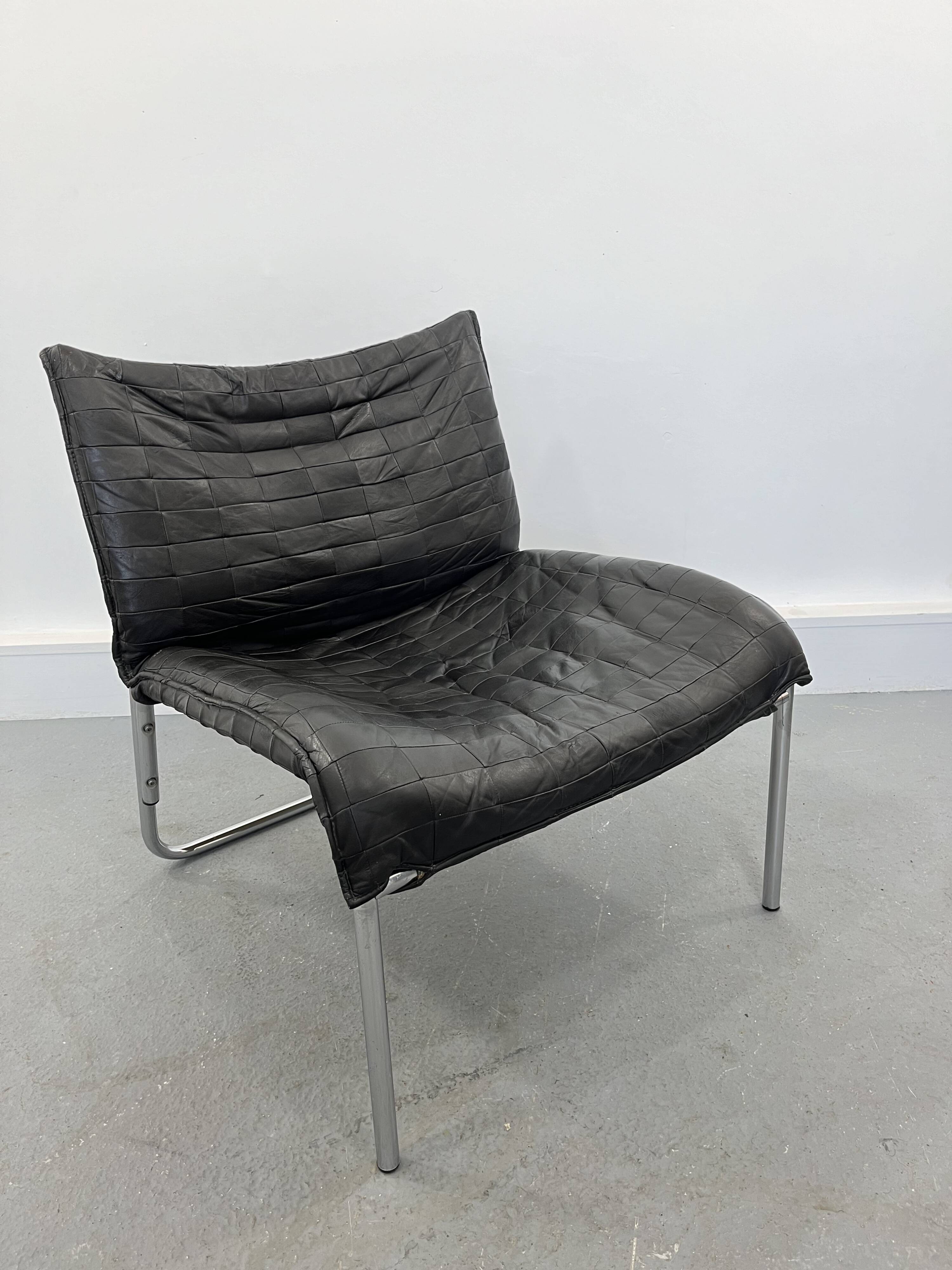 Vintage Mid-Century Scandinavian Modern Black Patchwork Leather Lounge Chair SET From IKEA, 1980s