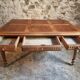 Antique French walnut table with six drawers, parquet top, early 20th century.