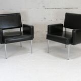 Pair of stainless steel, black leather-like armchairs, France, circa 1970