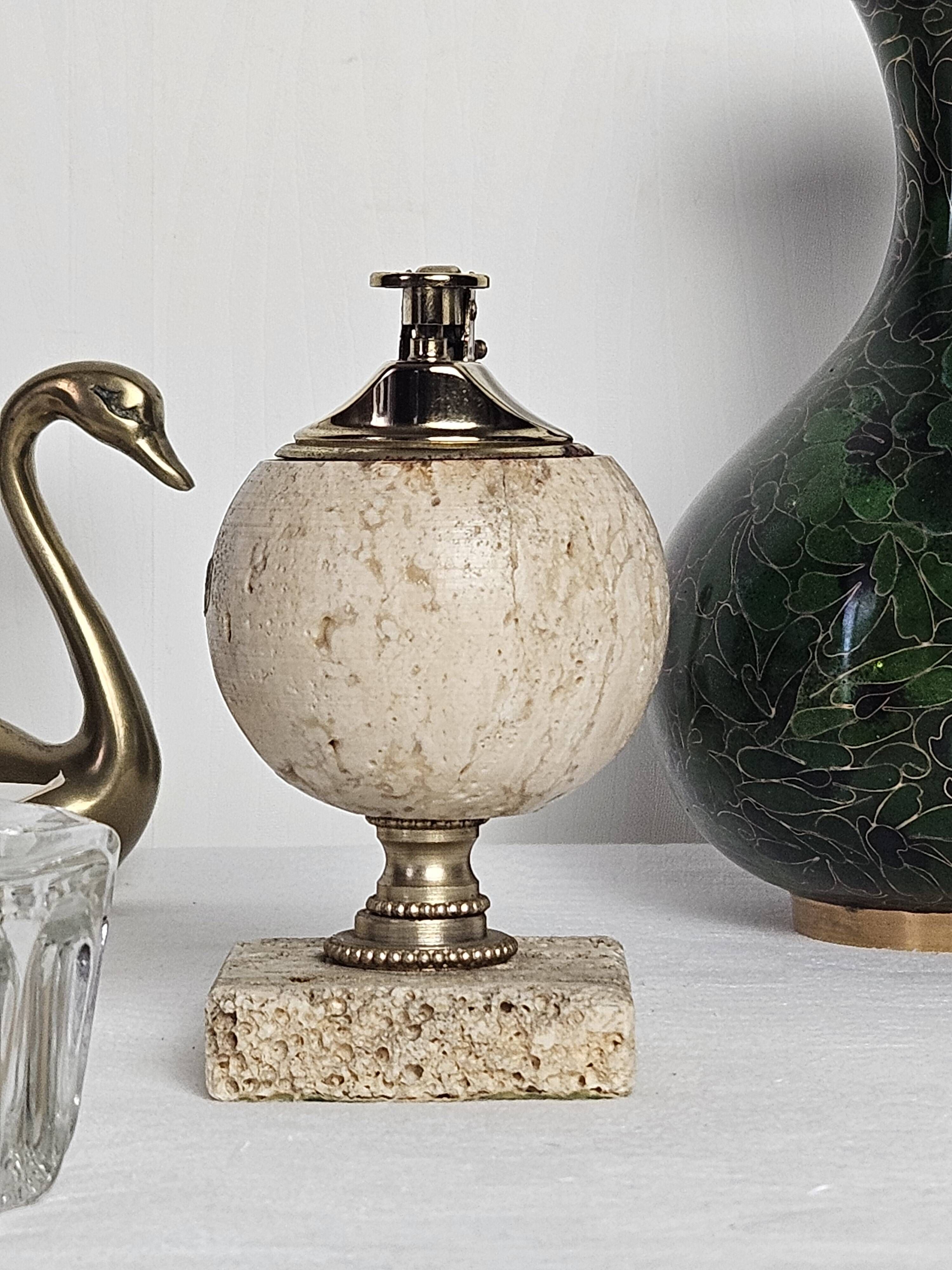Spherical table lighter in genuine travertine – Italy, circa 1970