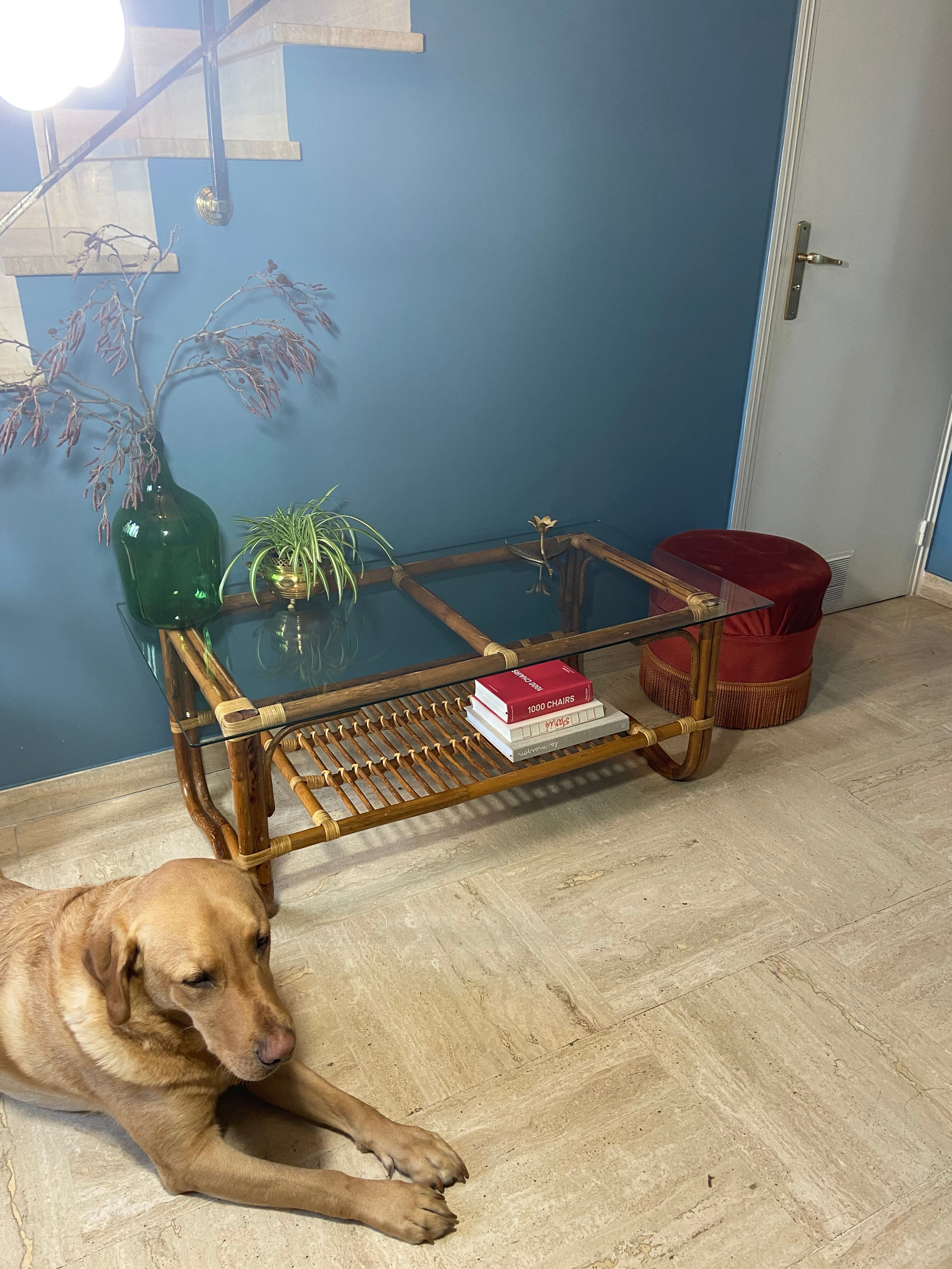 Vintage rattan and glass coffee table
