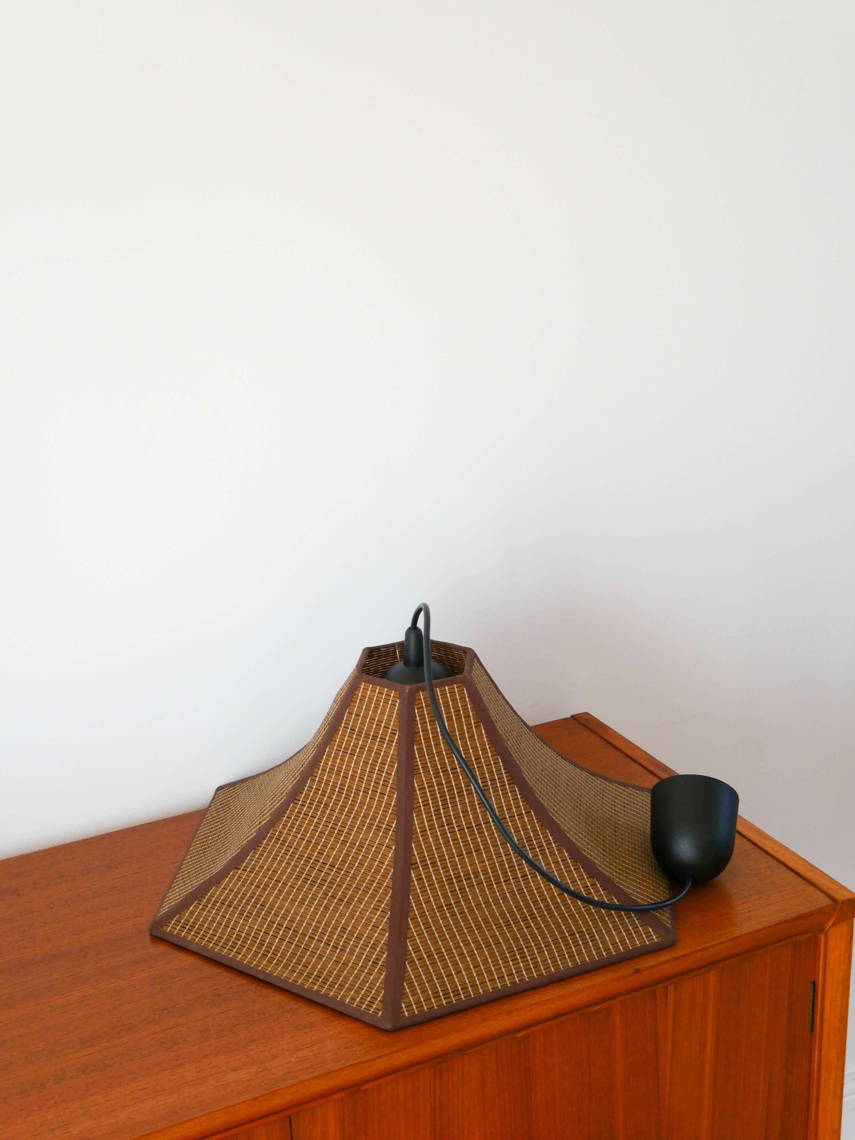 Hexagonal pendant light in brown rattan, 1970