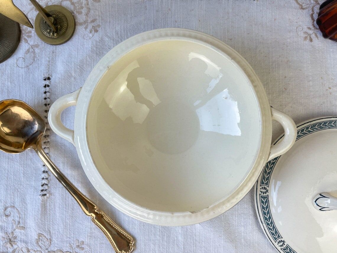 Vintage soup tureen, blue ironstone, Salins model, Castellane