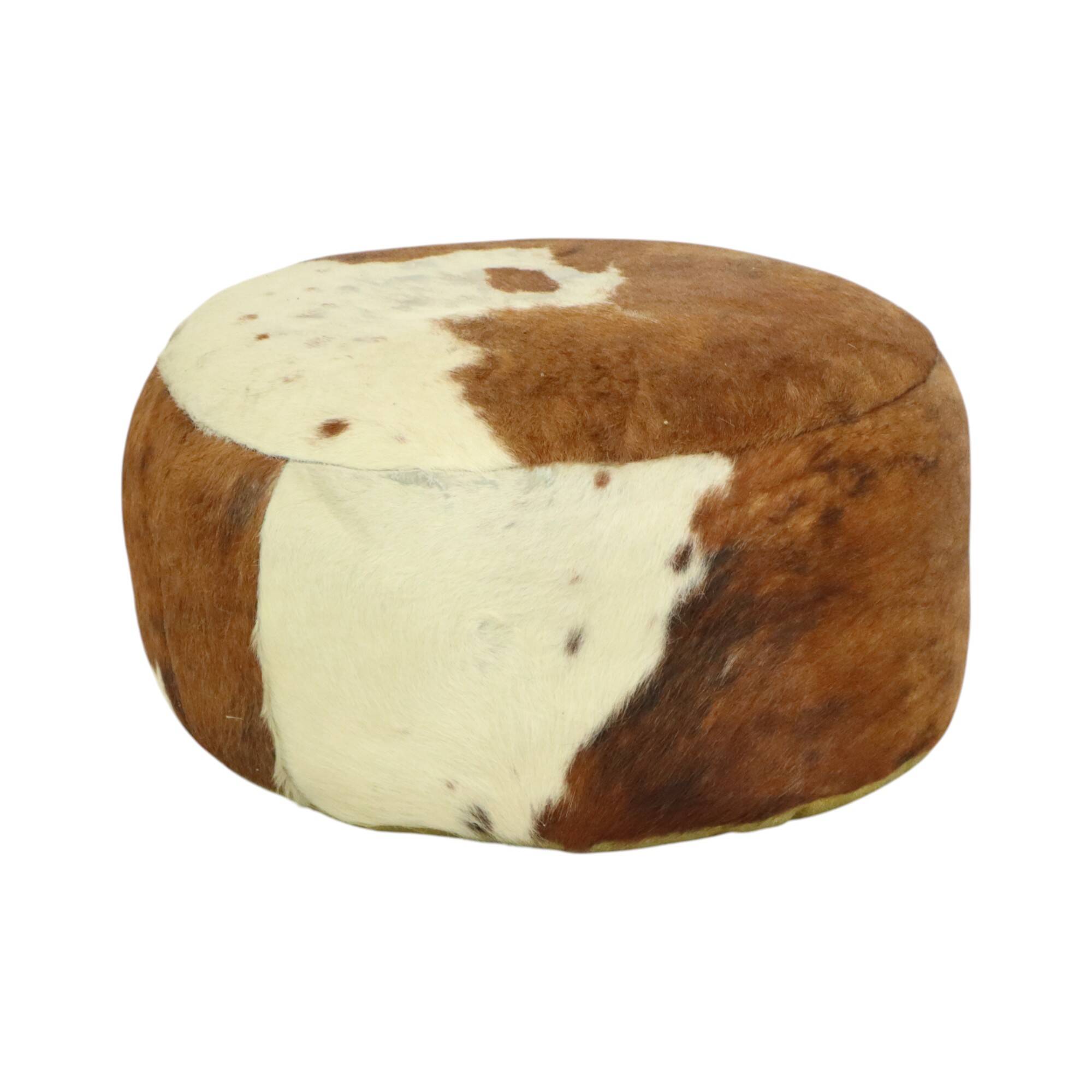 Low Round Vintage Pouf Cowhide Leather Sixties