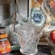 Antique glass compotier on metal stand