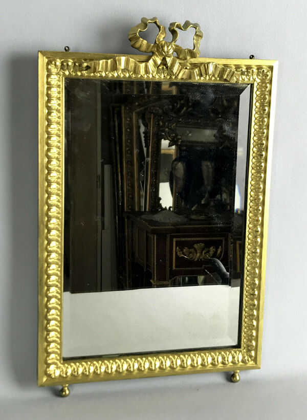 Miroir ancien en bronze doré de style Louis XVI avec miroir biseauté 37x23,5cm