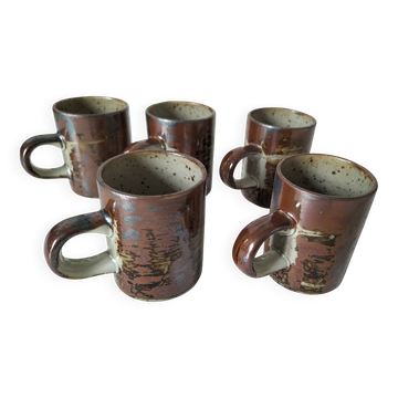 Set of 6 speckled stoneware cups with enamel decoration