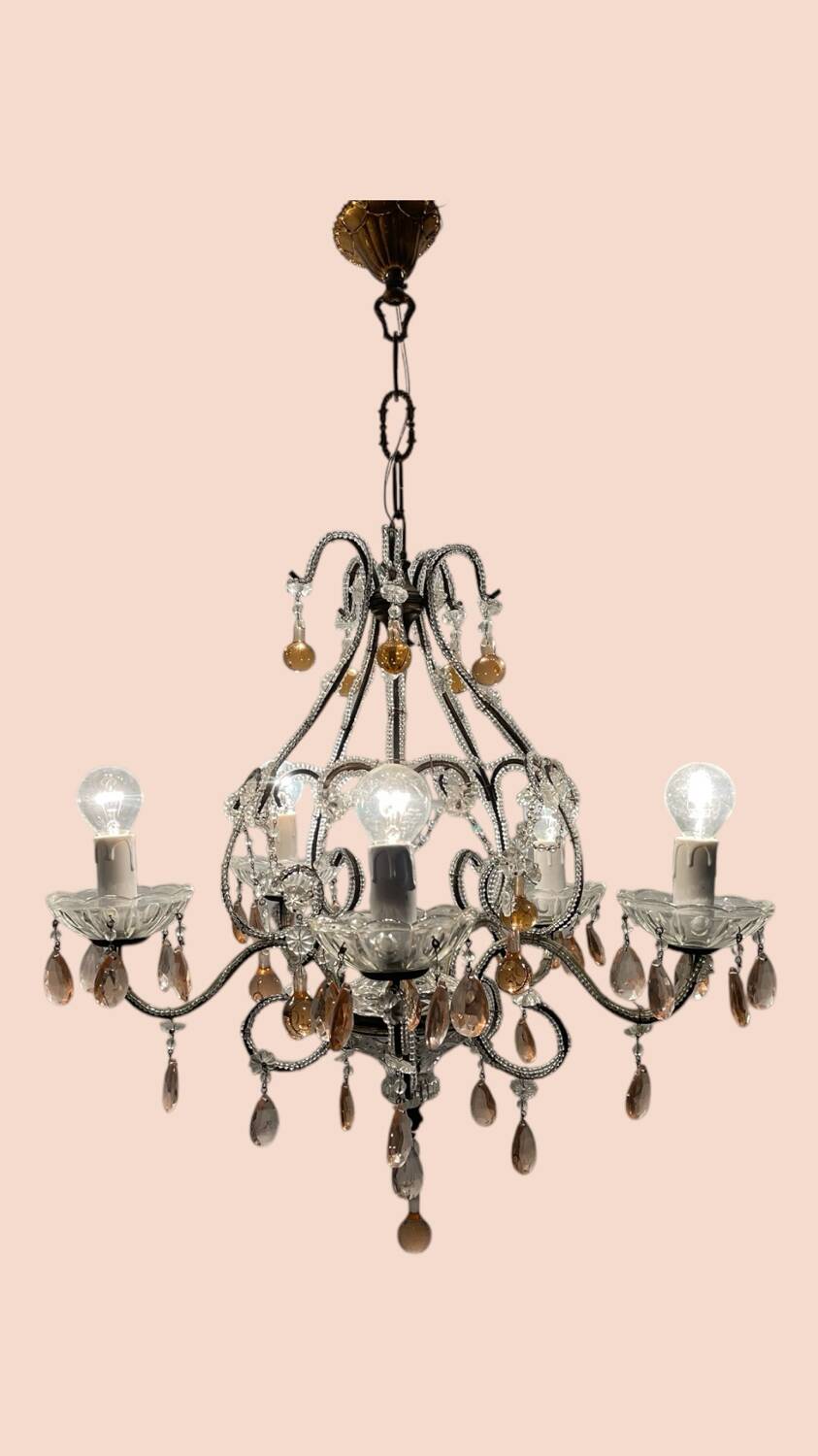 Pink Murano Glass Crystal Beaded Chandelier 1960’s