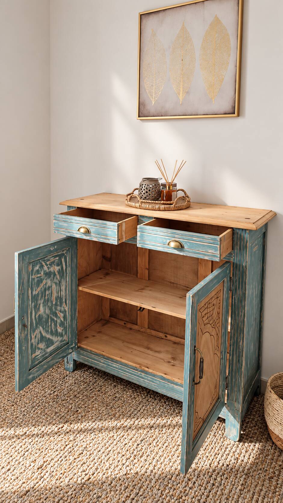 Antique blue-green patinated wooden sideboard – 2 doors, 2 drawers