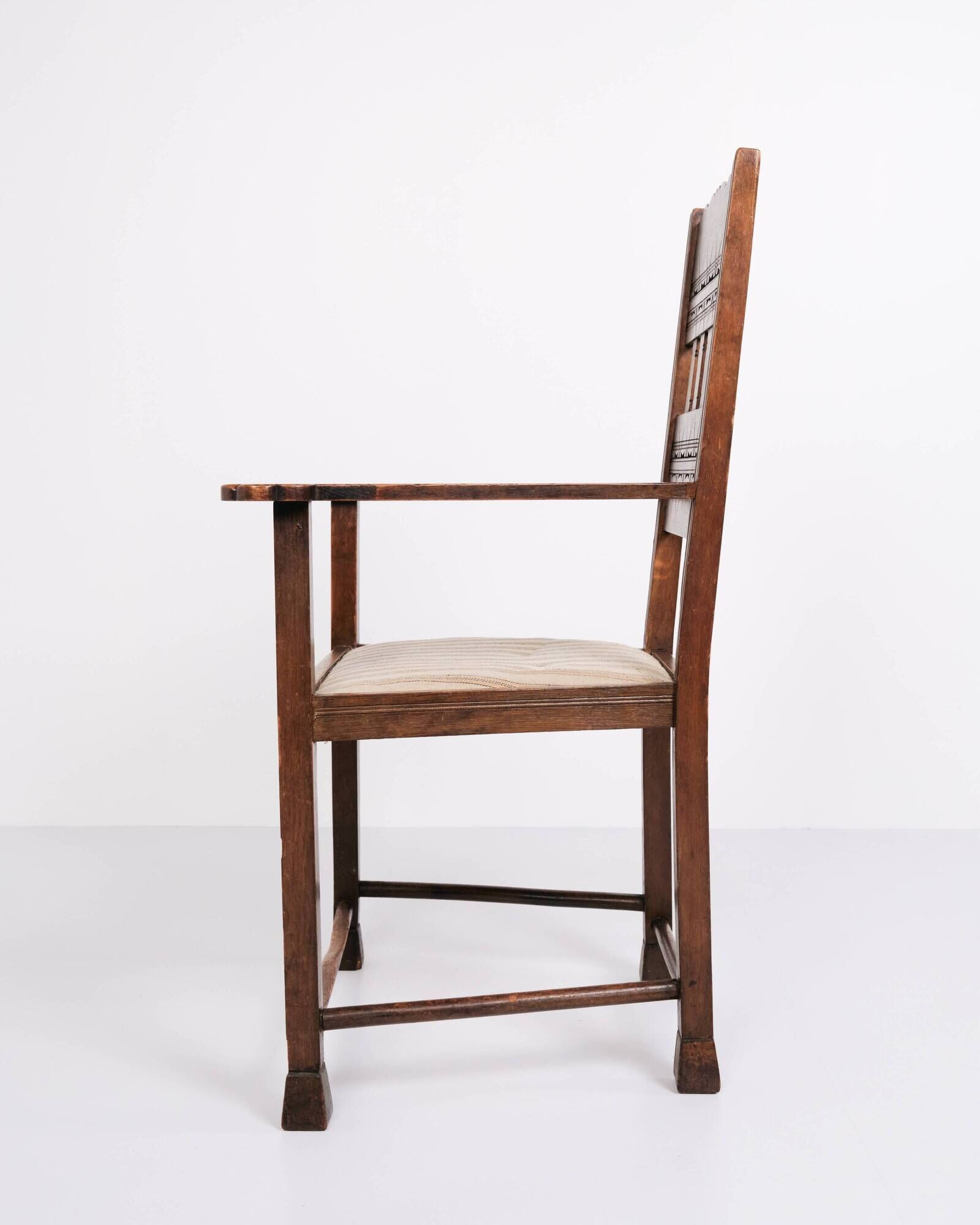 Antique armchair - oak - striped upholstery - 1930s