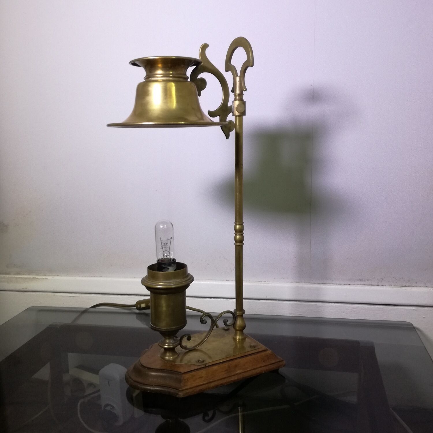 Brass and wood hot water bottle lamp 1970