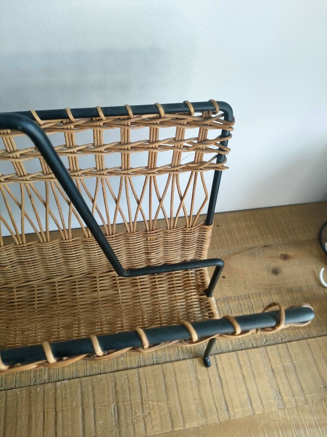 Iron and Rattan Magazine Rack - 1960s - Vintage