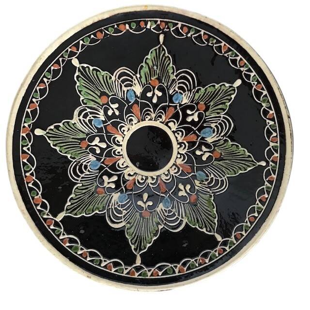 Vintage terracotta dish with enamelled geometric decoration, 20th century