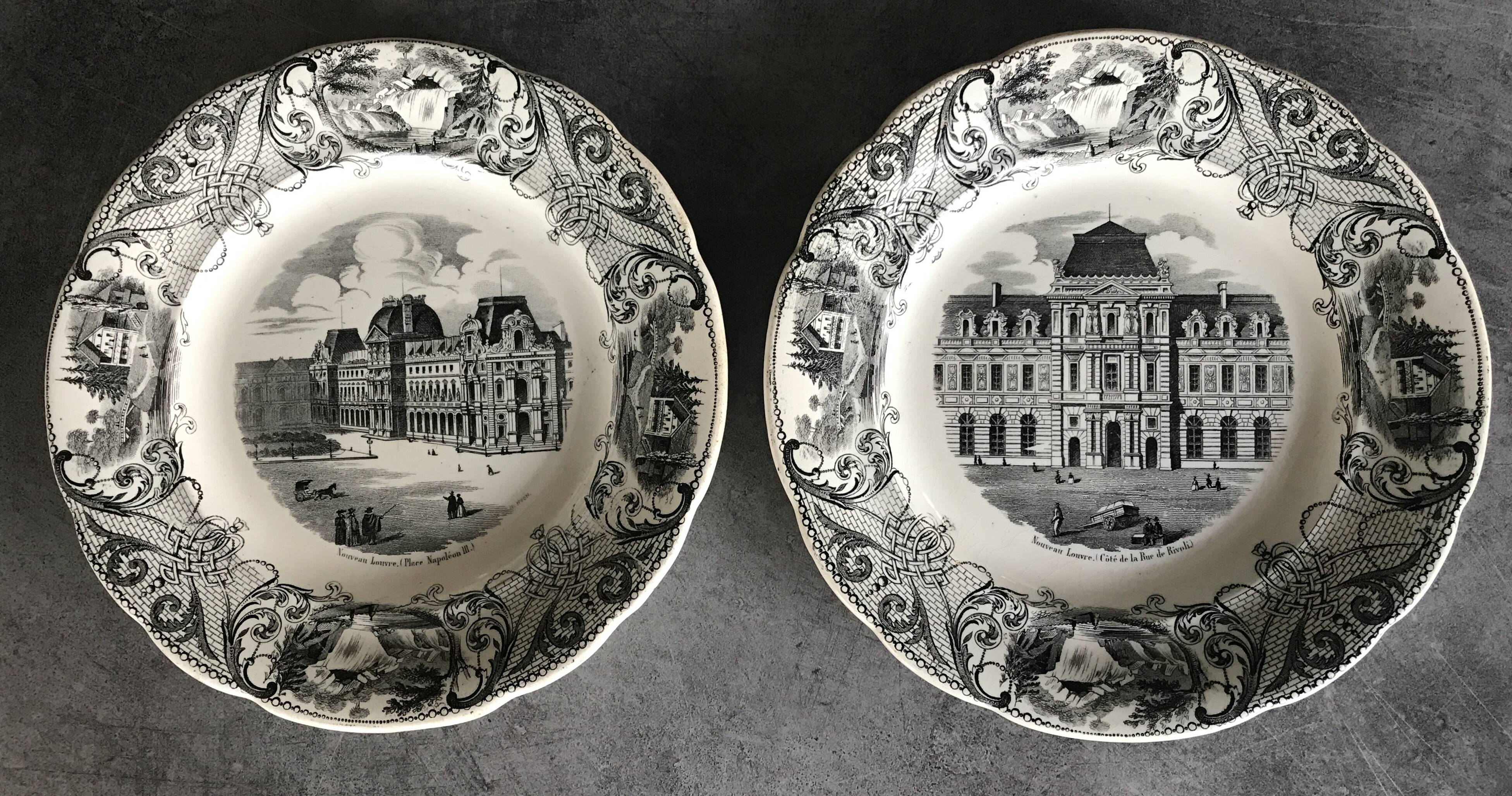 Set of 6 antique choisy-le-roi earthenware plates with grisaille decoration