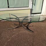 Large oval coffee table in glass and chrome - Vintage 1970