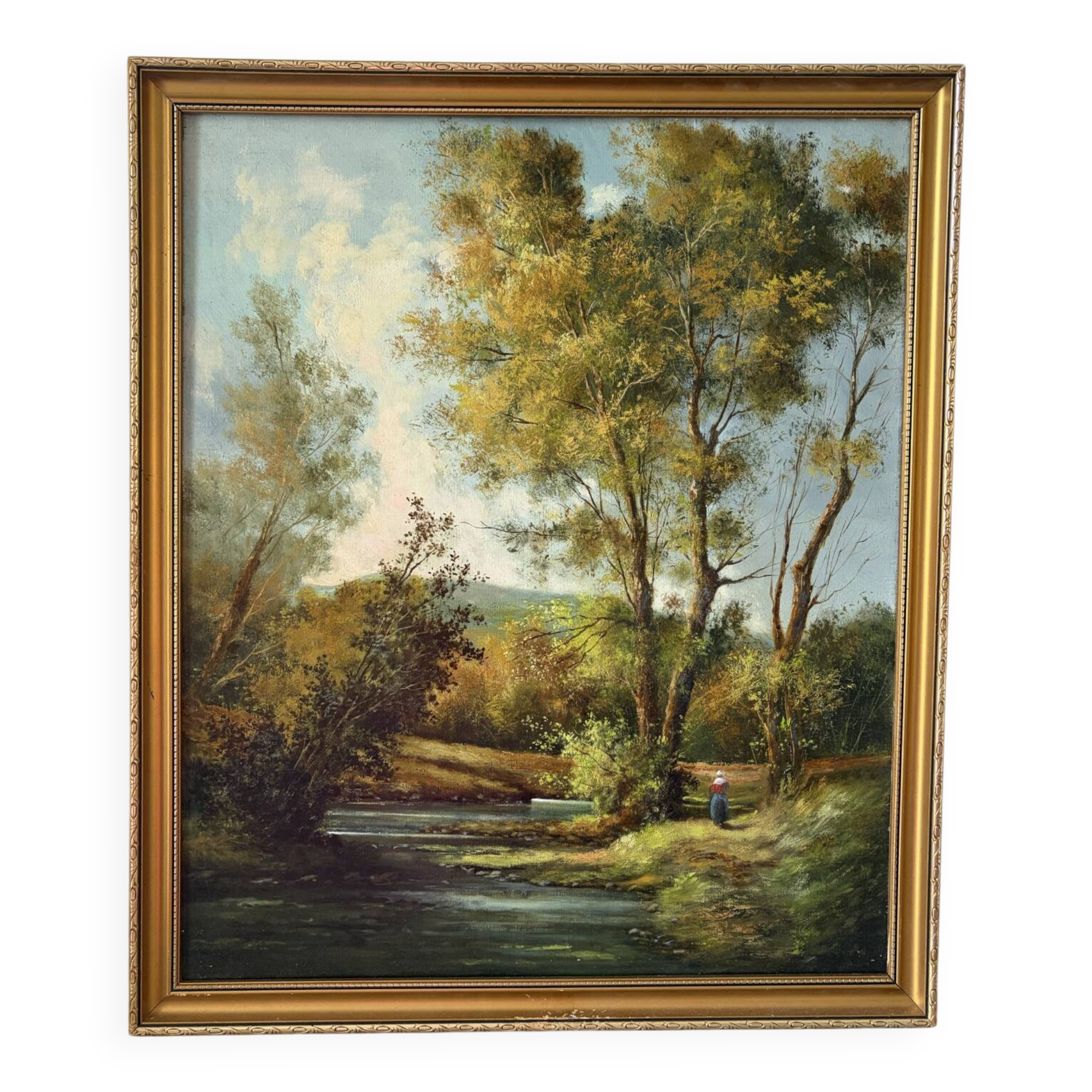 Balade au bord de la rivière, huile sur toile