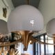 Large space-age chandelier with 6 lights - brass and opaline - design 1970