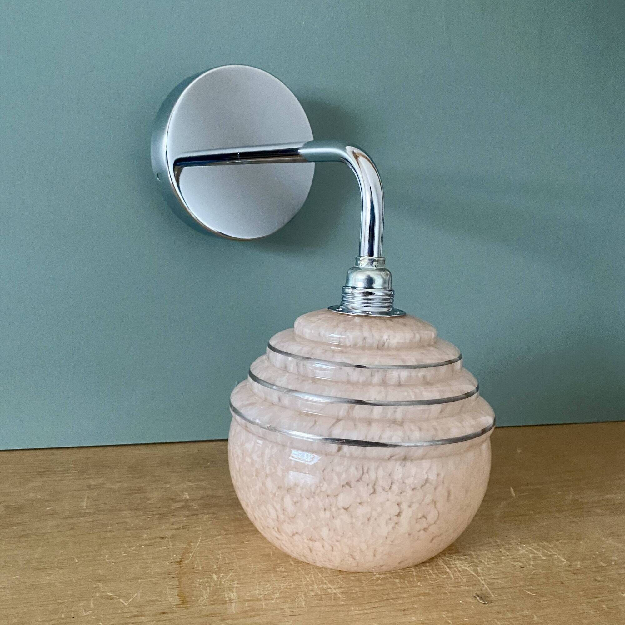 Vintage golden globe elbow wall light in pink and silver Clichy glass