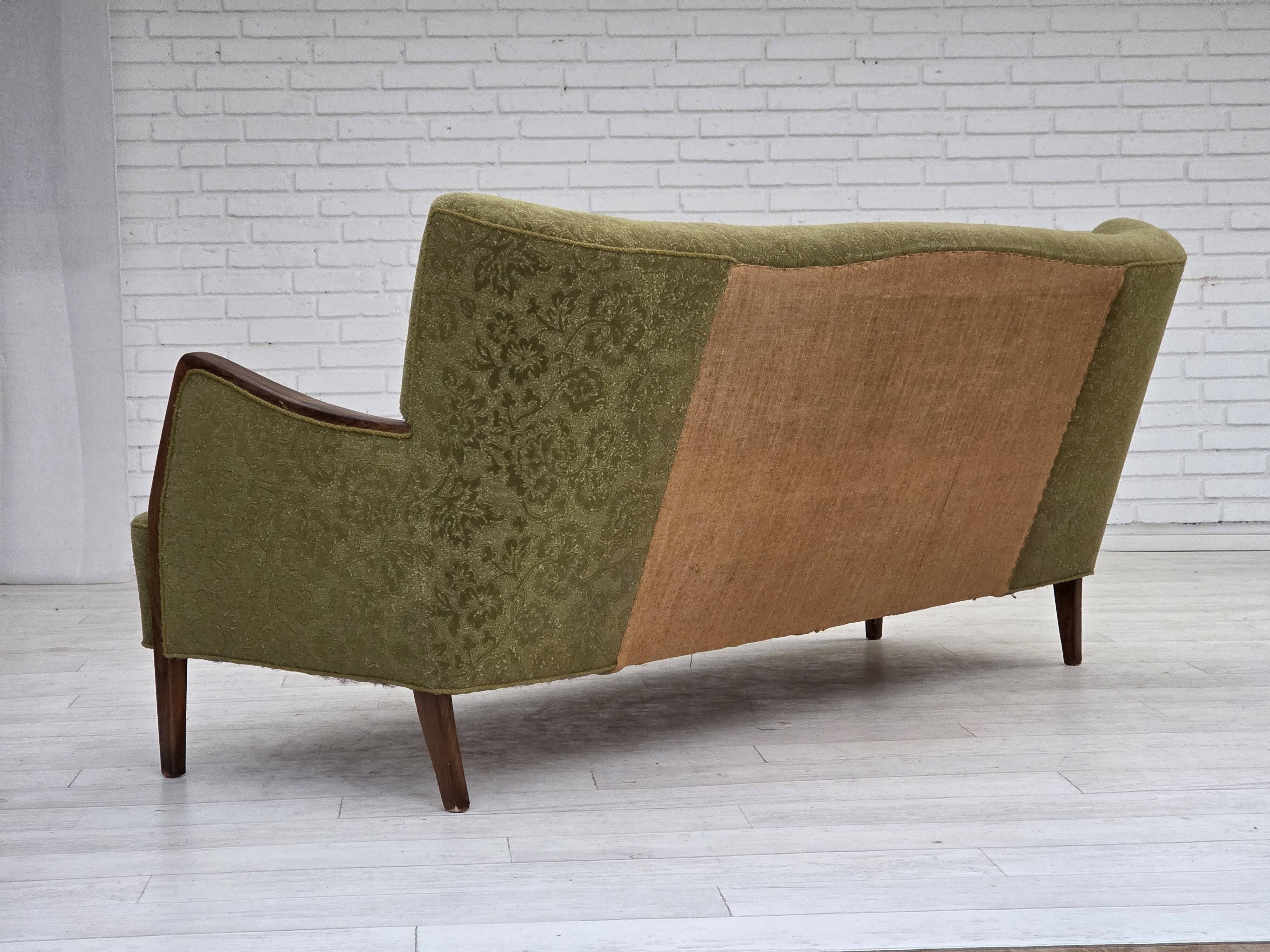 1960s, Danish 3-seater sofa, green furniture velour, ash wood legs.