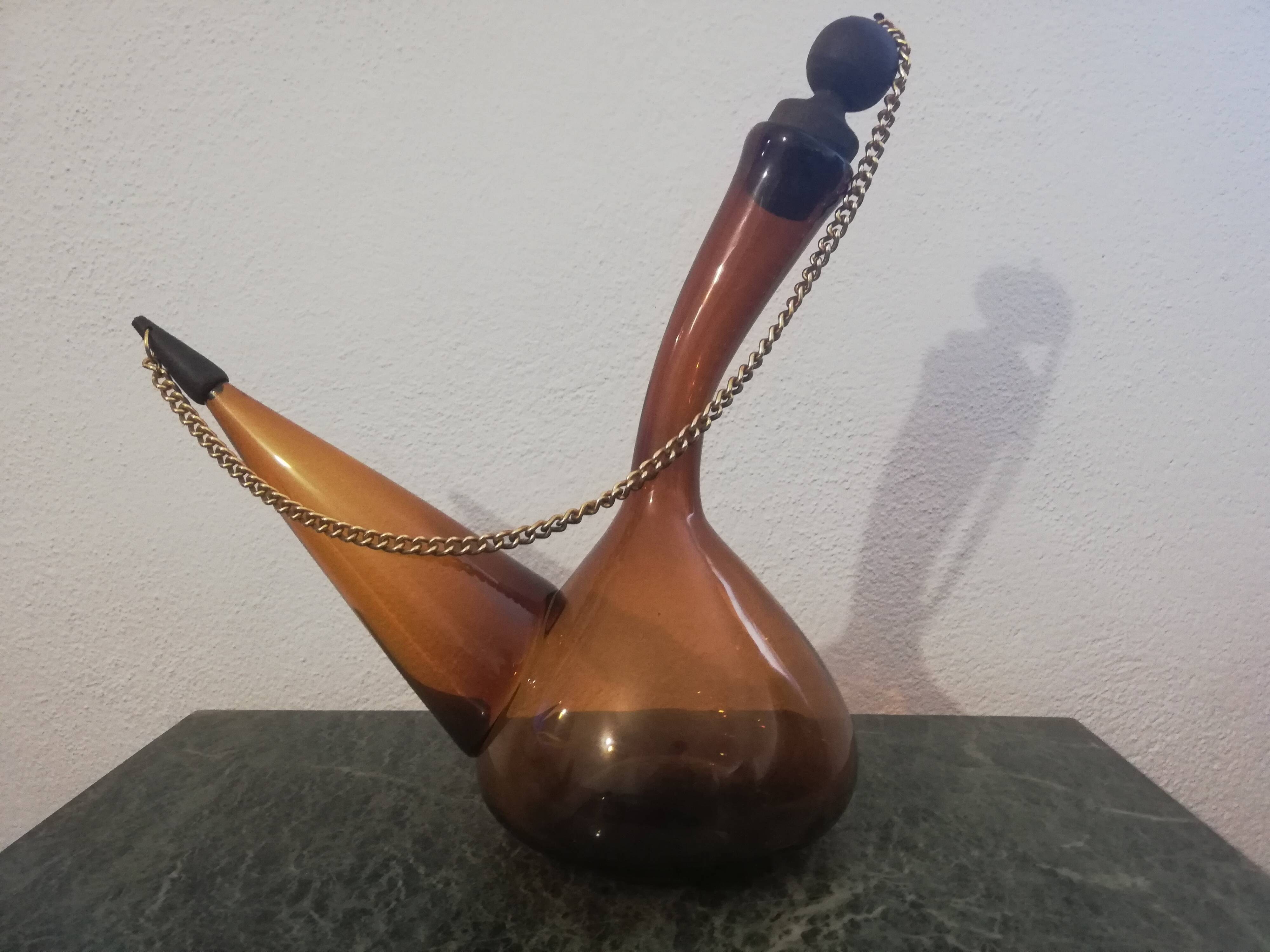 Vintage amber glass porron/vintage carafe/pitcher