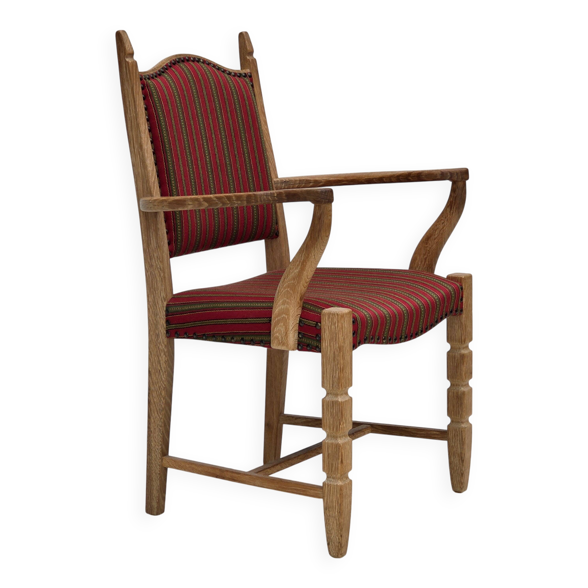 1970s, Danish armchair, striped red furniture wool, solid oak wood.