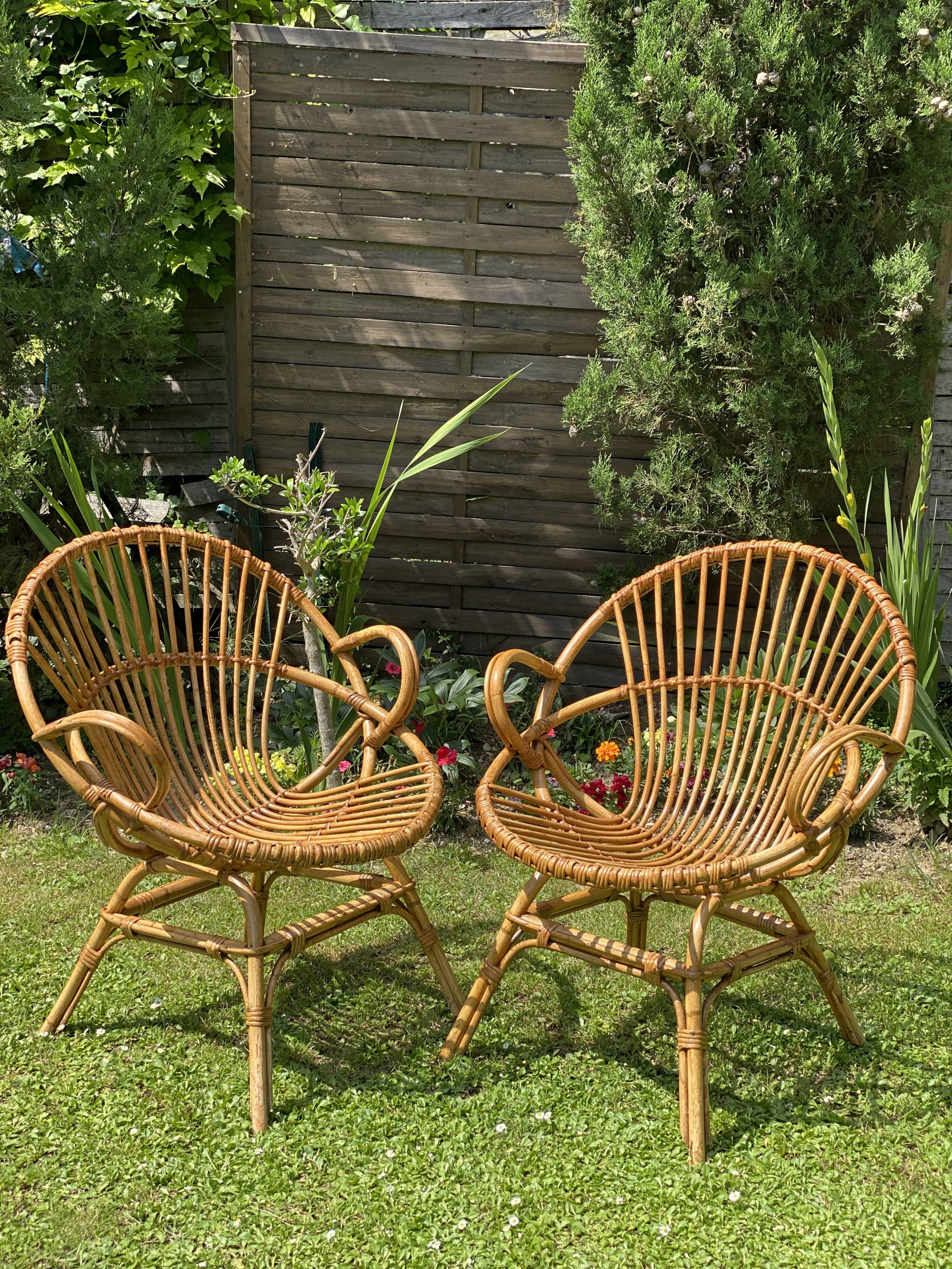 Paire de fauteuils rotin corbeille vintage
