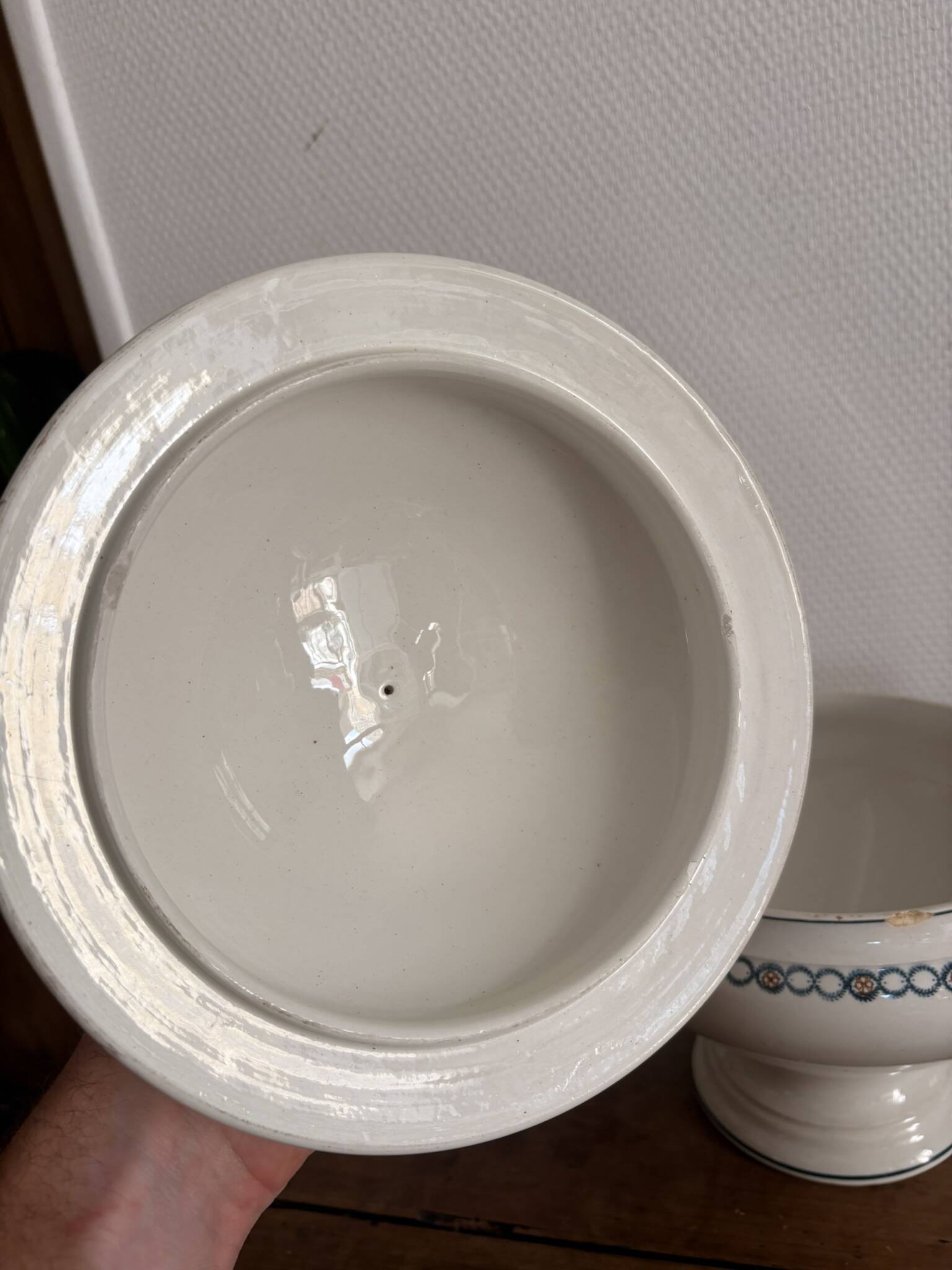 Antique Soup Tureen Vegetable Dish Faience Longwy Henri II Style Geometric Frieze