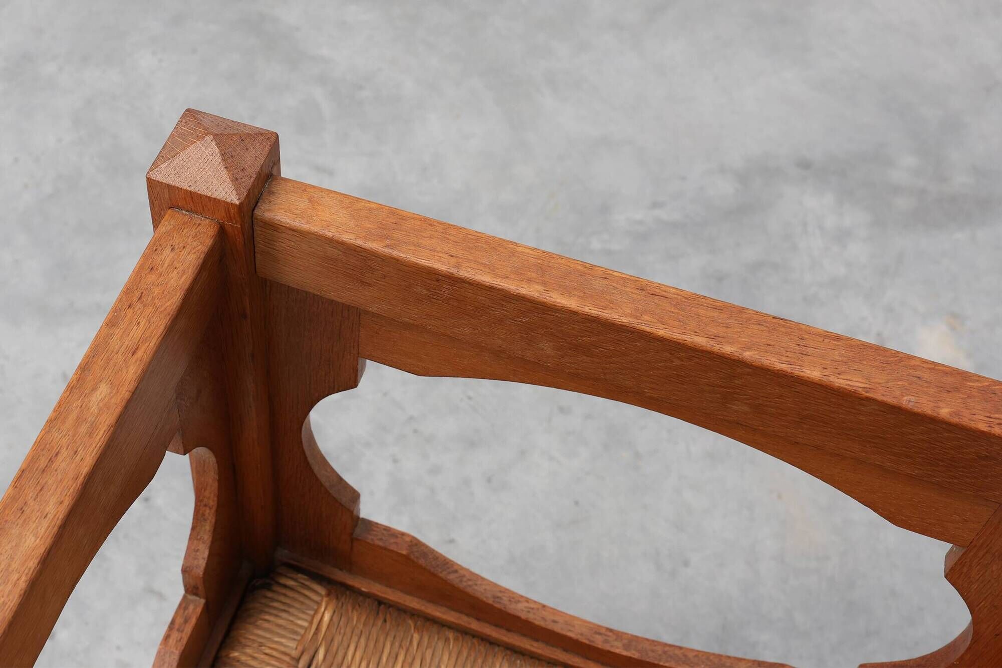 Art Deco Oak Corner Chair with Cut‑Out Backrest and Rush Seat, Belgium, cir