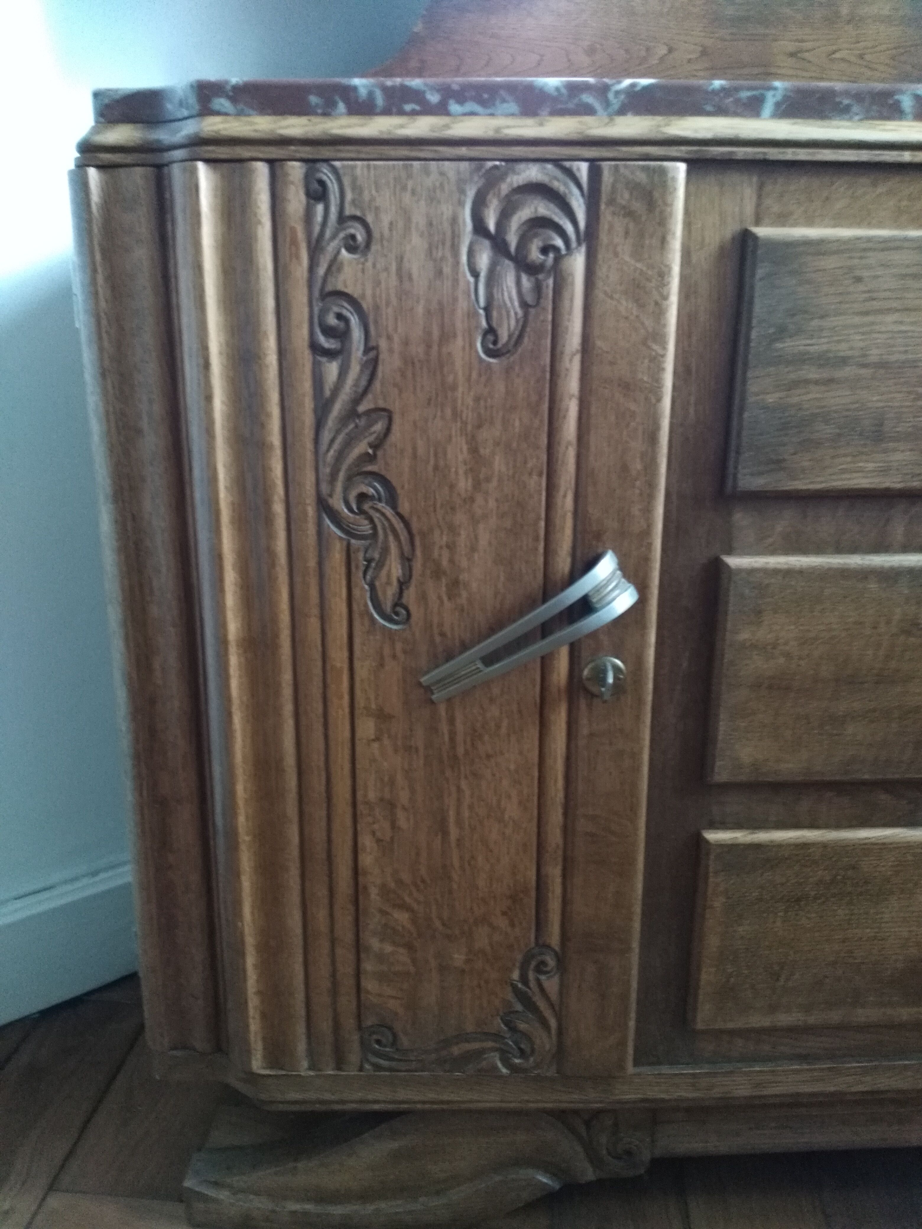 Solid wood dresser with triptych mirror and marble top