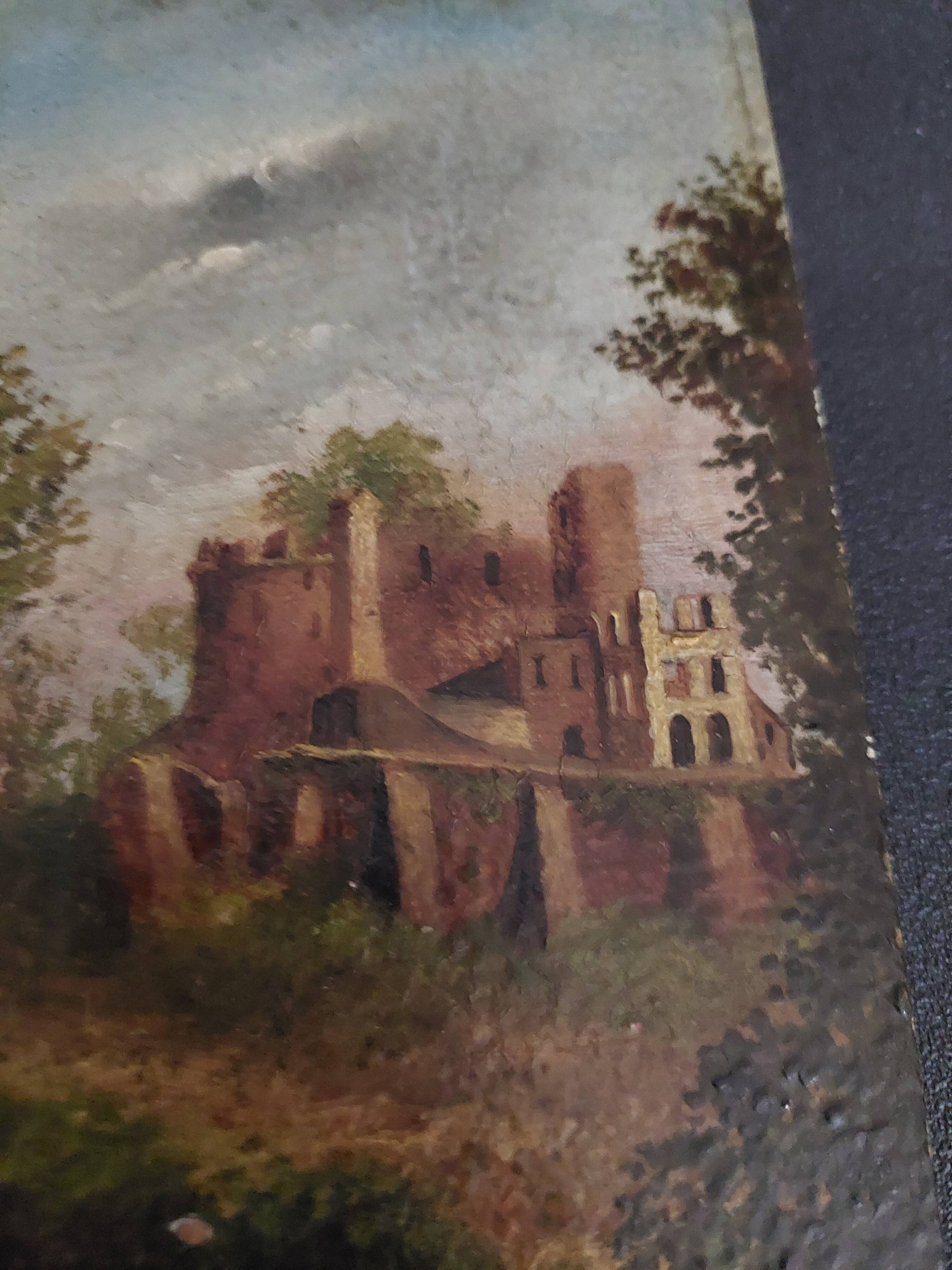 Oil painting on panel romantic landscape ruins late 19th century