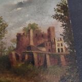 Oil painting on panel romantic landscape ruins late 19th century