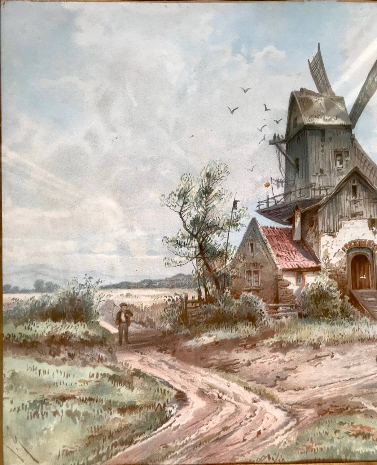 Old painting, mill in the countryside