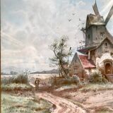 Old painting, mill in the countryside