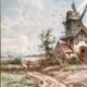 Old painting, mill in the countryside
