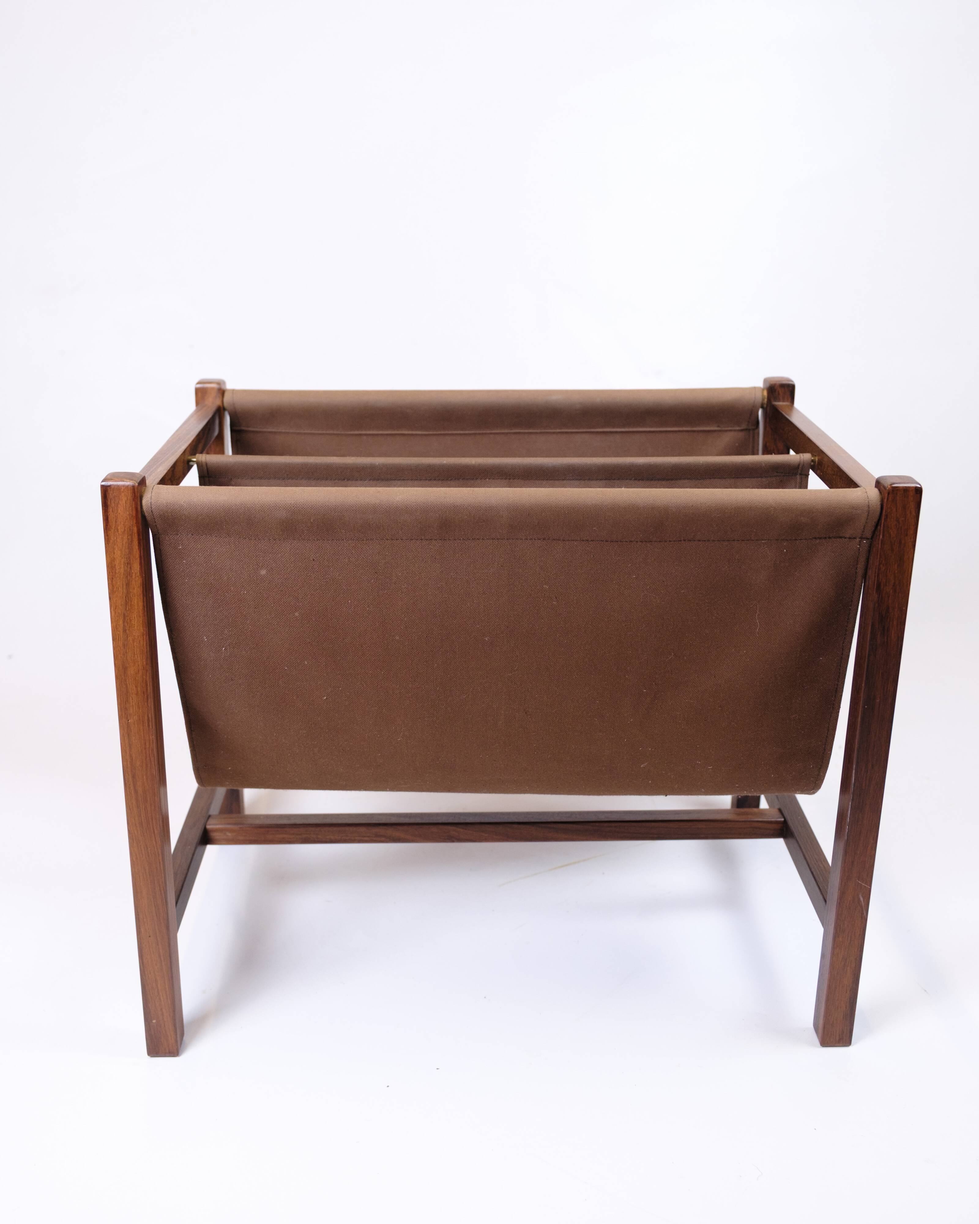 Newspaper/magazine holder - rosewood and brown canvas - Danish design - 1960s