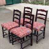 4 Henri II chairs in solid wood and floral burgundy fabric from the 19th century.