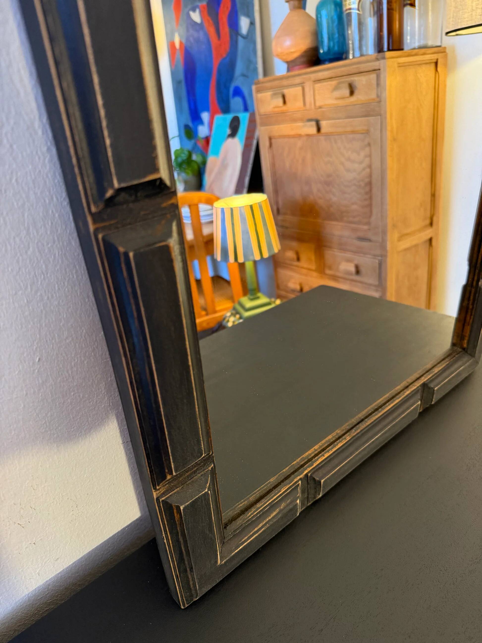 Patinated black rectangular wooden mirror