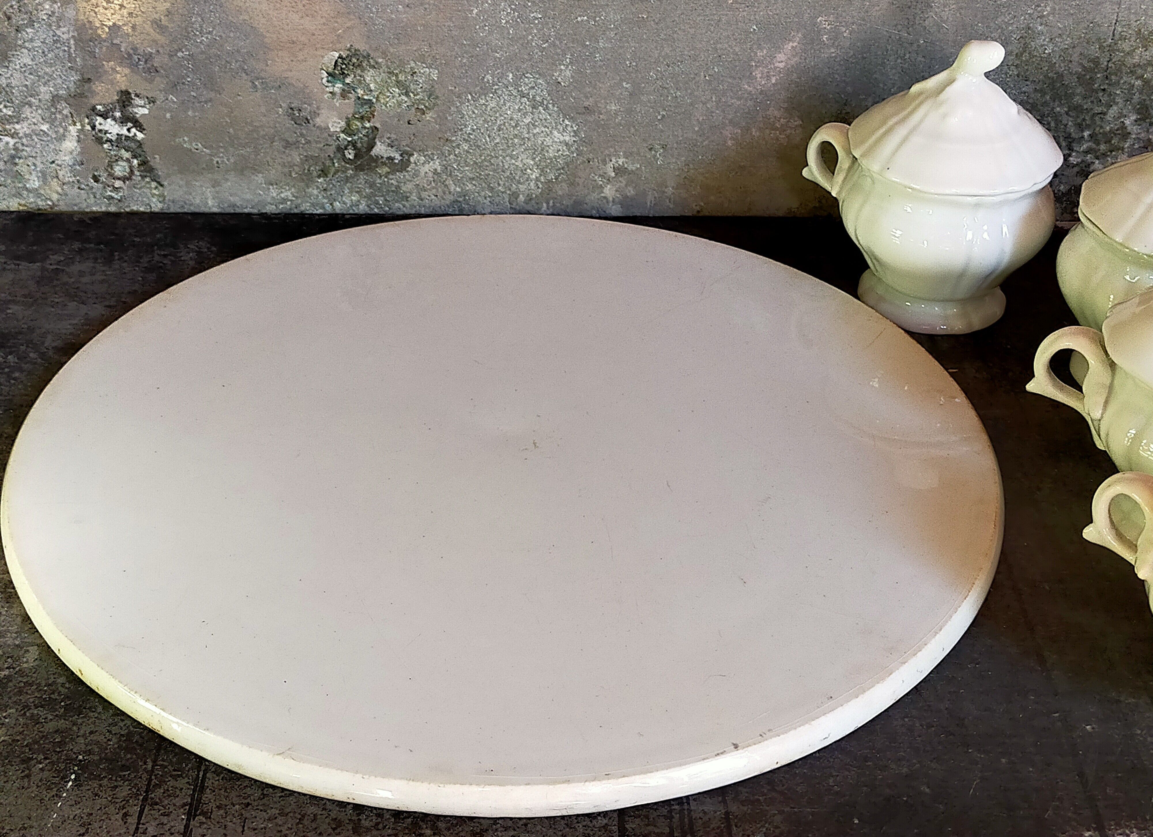 Set of seven covered pots and tray old white slurry nineteenth