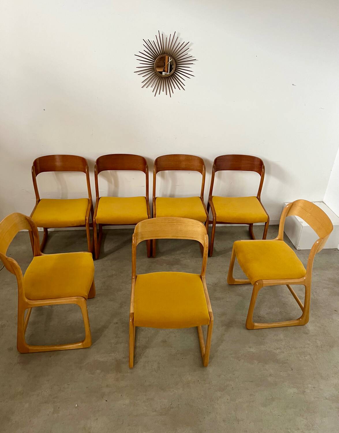 Set of 7 Baumann sled chairs in wood and mustard yellow fabric, 1960s