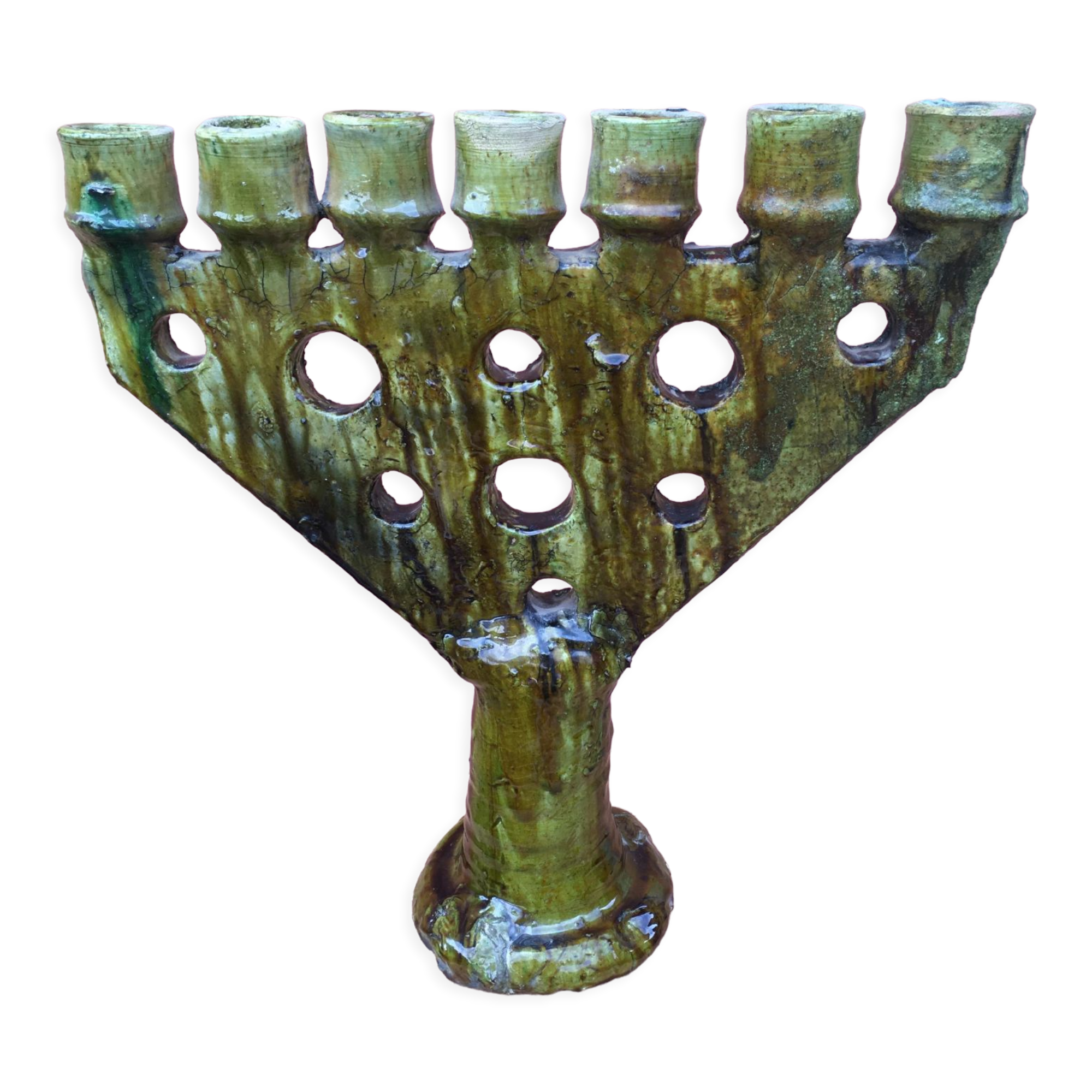 Pottery tamegroute candlestick menorah 7 enamelled candles ochre/green